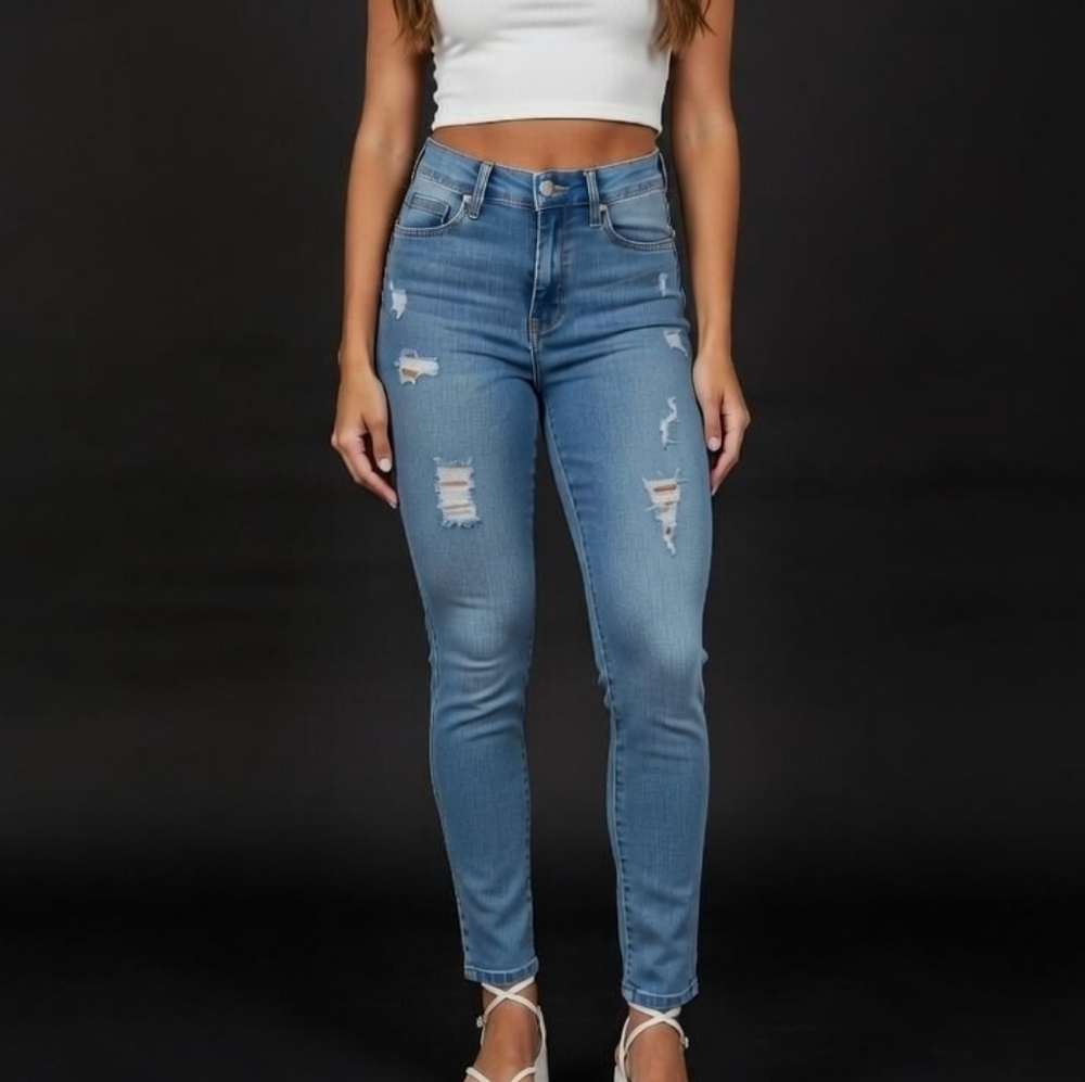 Distressed Ankle Jeggings High waisted Bluelight-wash denim Jeans Back To school